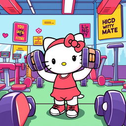 A cute and energetic Hello Kitty character lifting weights in a cheerful gym setting