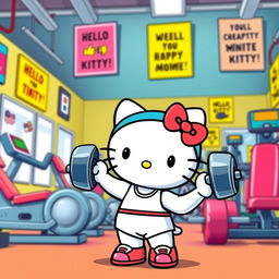 A cute and energetic Hello Kitty character lifting weights in a cheerful gym setting