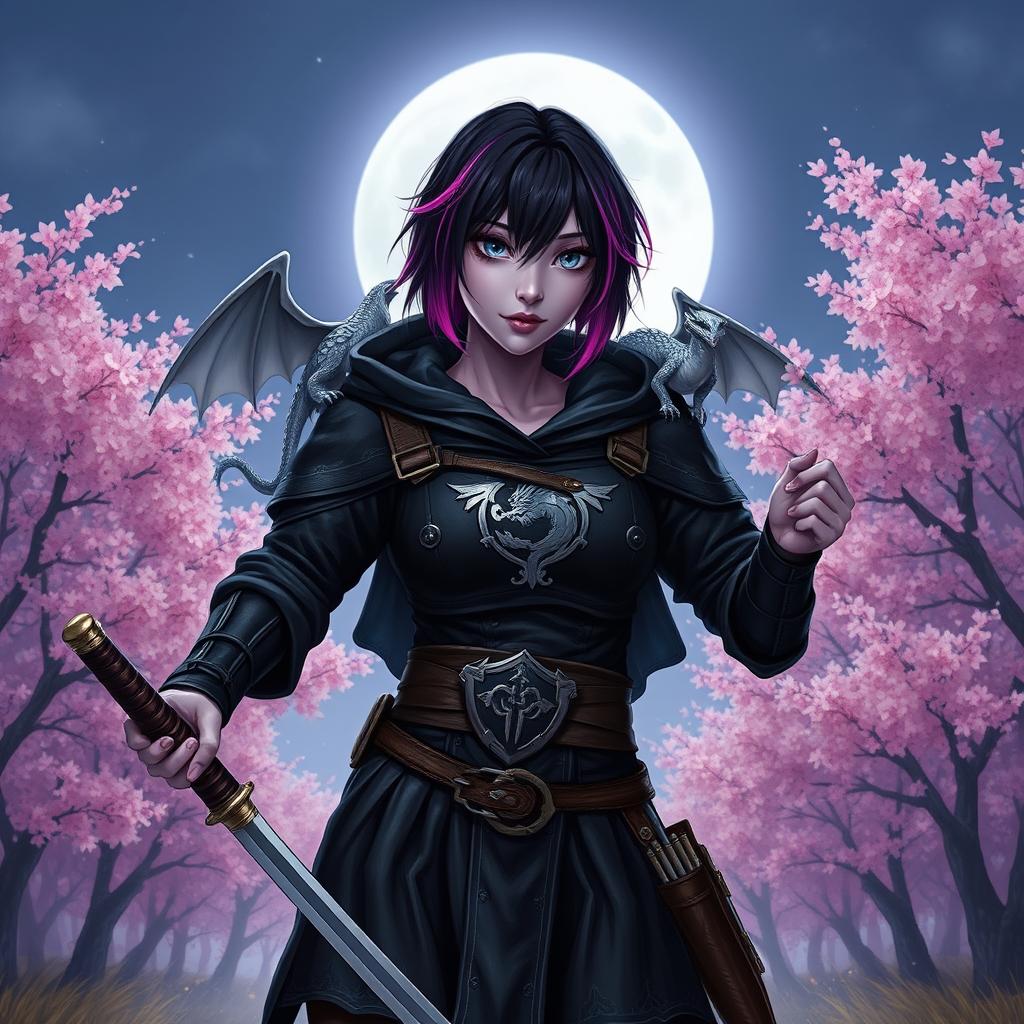 A Dungeons & Dragons female hexblood with short black hair featuring orchid-colored highlights, silver eyes, and light purple skin