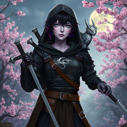 A Dungeons & Dragons female hexblood with short black hair featuring orchid-colored highlights, silver eyes, and light purple skin