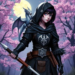 A Dungeons & Dragons female hexblood with short black hair featuring orchid-colored highlights, silver eyes, and light purple skin