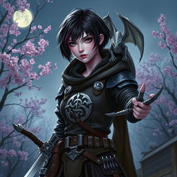 A Dungeons & Dragons female hexblood with short black hair featuring orchid-colored highlights, silver eyes, and light purple skin