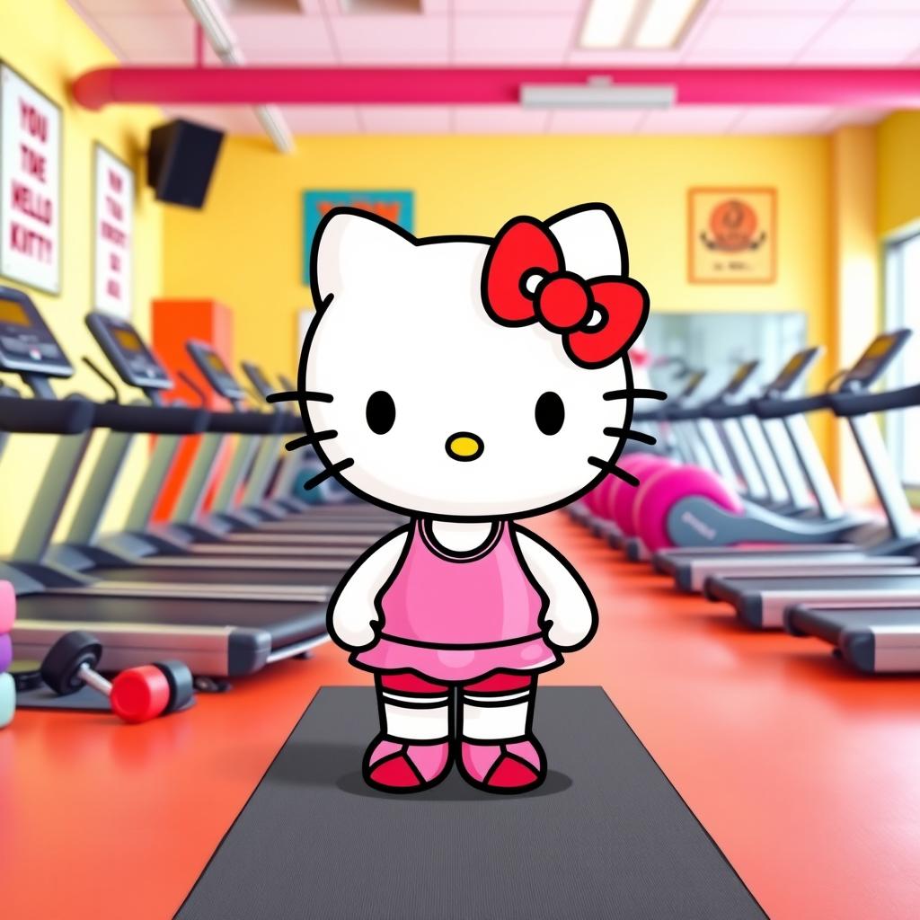 Hello Kitty in a vibrant gym setting, surrounded by various exercise equipment like treadmills, dumbbells, and yoga mats