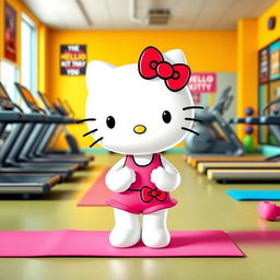 Hello Kitty in a vibrant gym setting, surrounded by various exercise equipment like treadmills, dumbbells, and yoga mats