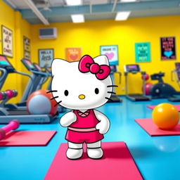 Hello Kitty in a vibrant gym setting, surrounded by various exercise equipment like treadmills, dumbbells, and yoga mats