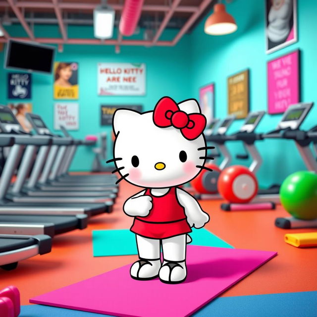 Hello Kitty in a vibrant gym setting, surrounded by various exercise equipment like treadmills, dumbbells, and yoga mats