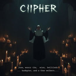 A chilling scene with a nun levitating eerily in a dimly lit room filled with an uncanny number of flickering candles casting haunting shadows on the walls