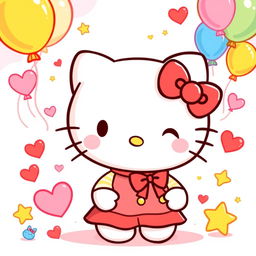 A lively and charming Hello Kitty illustration, showcasing her in her traditional outfit with a red bow