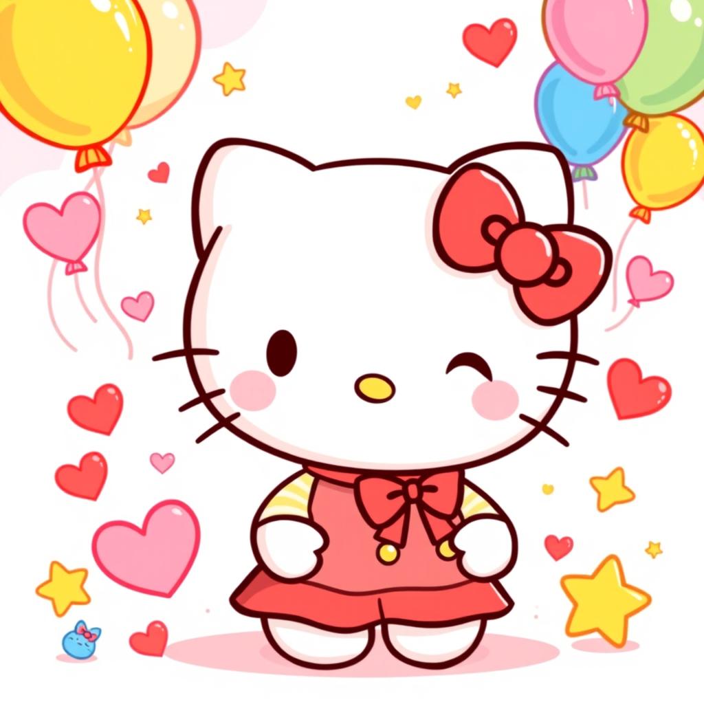 A lively and charming Hello Kitty illustration, showcasing her in her traditional outfit with a red bow
