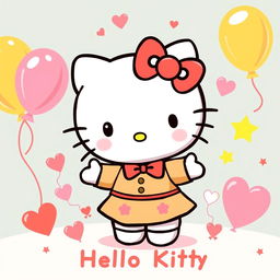 A lively and charming Hello Kitty illustration, showcasing her in her traditional outfit with a red bow