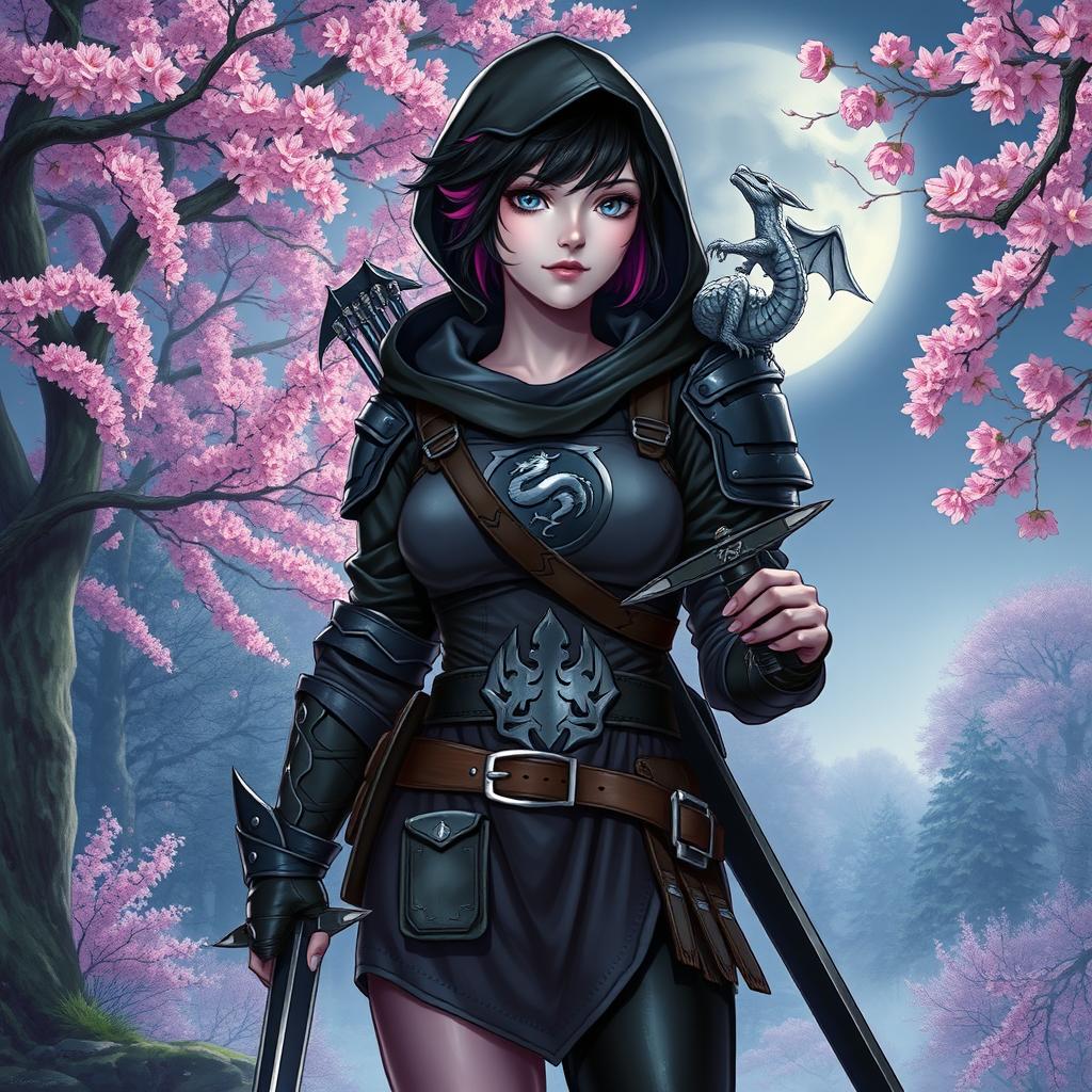 A full body view of a Dungeons & Dragons female hexblood character, showcasing her short black hair with orchid-colored highlights, mesmerizing silver eyes, and pale violet skin