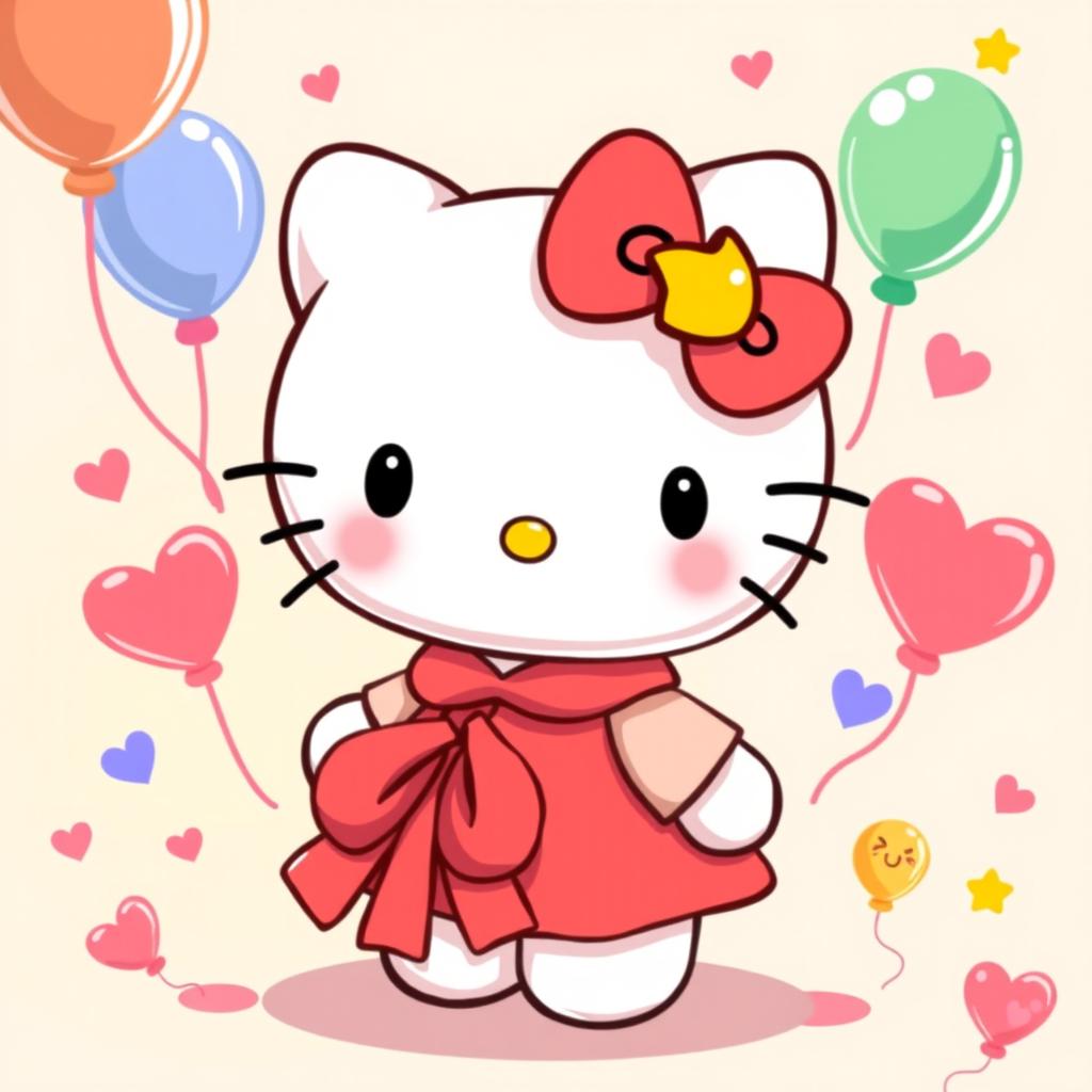 A lively and charming Hello Kitty illustration, showcasing her in her traditional outfit with a red bow