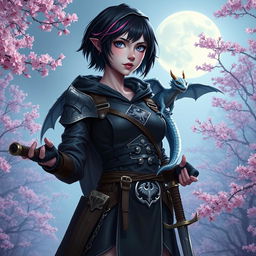 A full body view of a Dungeons & Dragons female hexblood character, showcasing her short black hair with orchid-colored highlights, mesmerizing silver eyes, and pale violet skin