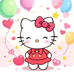 A lively and charming Hello Kitty illustration, showcasing her in her traditional outfit with a red bow