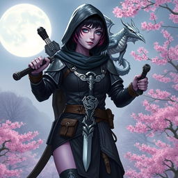 A full body view of a Dungeons & Dragons female hexblood character, showcasing her short black hair with orchid-colored highlights, mesmerizing silver eyes, and pale violet skin