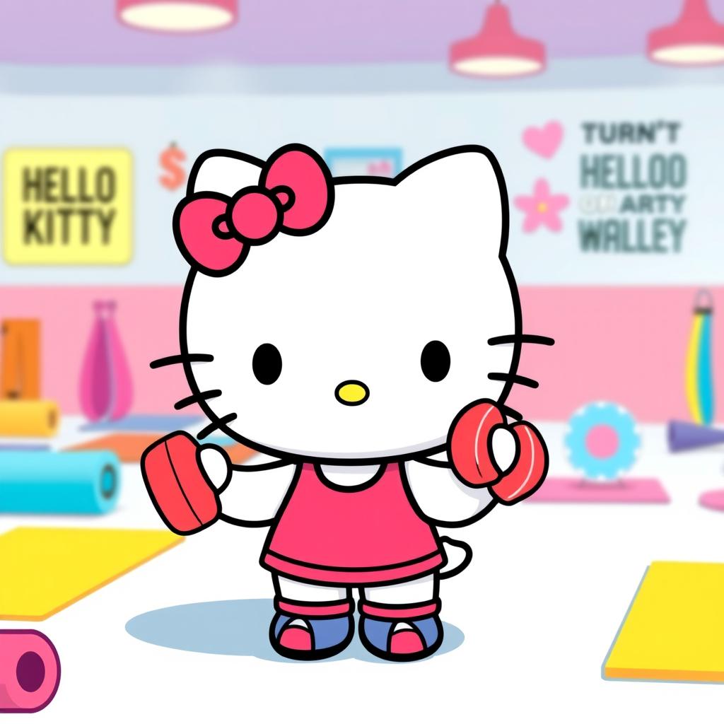 Hello Kitty adorably lifting small, colorful dumbbells in a lively, animated gym setting