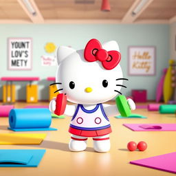 Hello Kitty adorably lifting small, colorful dumbbells in a lively, animated gym setting