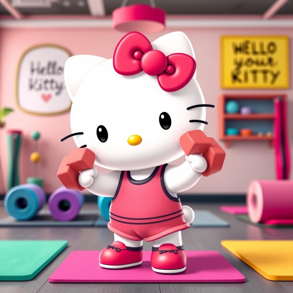 Hello Kitty adorably lifting small, colorful dumbbells in a lively, animated gym setting