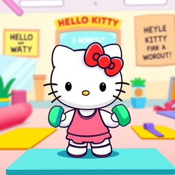 Hello Kitty adorably lifting small, colorful dumbbells in a lively, animated gym setting