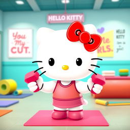 Hello Kitty adorably lifting small, colorful dumbbells in a lively, animated gym setting