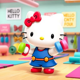 Hello Kitty adorably lifting small, colorful dumbbells in a lively, animated gym setting