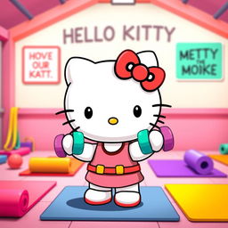 Hello Kitty adorably lifting small, colorful dumbbells in a lively, animated gym setting