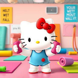 Hello Kitty adorably lifting small, colorful dumbbells in a lively, animated gym setting