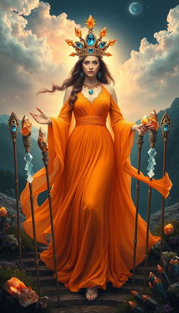 The Goddess of Wands appears in an enchanting, mystical landscape