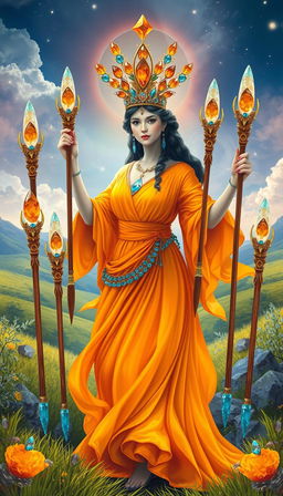 The Goddess of Wands appears in an enchanting, mystical landscape