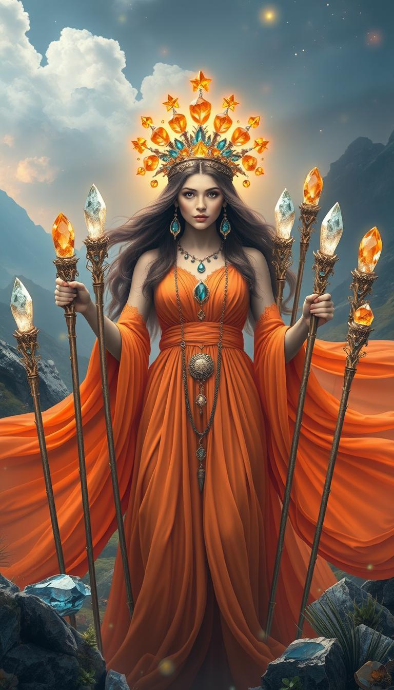 The Goddess of Wands appears in an enchanting, mystical landscape