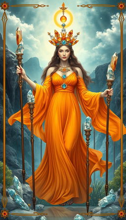 The Goddess of Wands appears in an enchanting, mystical landscape