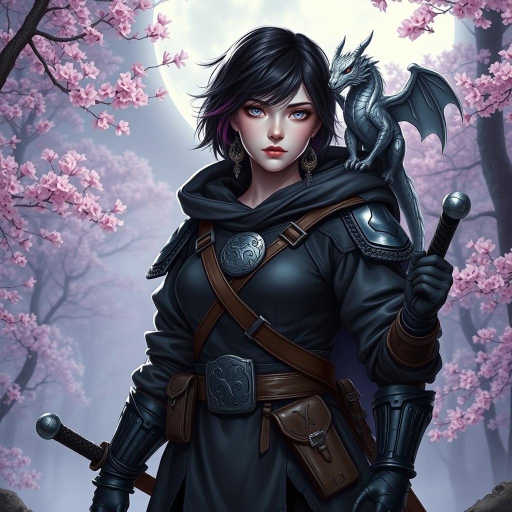 A full-body portrait of a Dungeons & Dragons female hexblood with short black hair accented by orchid-colored highlights, radiant silver eyes, and ethereal pale violet skin