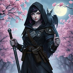 A full-body portrait of a Dungeons & Dragons female hexblood with short black hair accented by orchid-colored highlights, radiant silver eyes, and ethereal pale violet skin