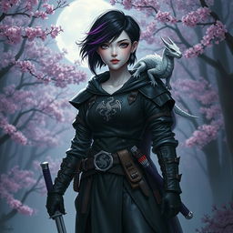 A full-body portrait of a Dungeons & Dragons female hexblood with short black hair accented by orchid-colored highlights, radiant silver eyes, and ethereal pale violet skin