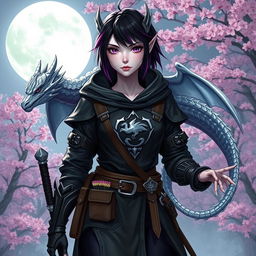 A Dungeons & Dragons female hexblood with uniquely slit ears and short black hair accentuated with orchid colored highlights