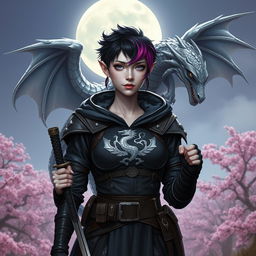 A Dungeons & Dragons female hexblood with uniquely slit ears and short black hair accentuated with orchid colored highlights