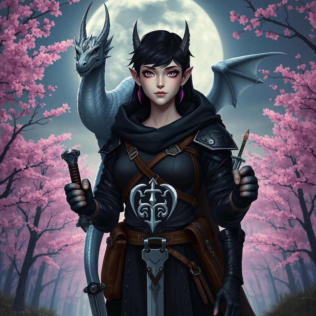 A Dungeons & Dragons female hexblood with uniquely slit ears and short black hair accentuated with orchid colored highlights