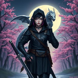 A Dungeons & Dragons female hexblood with uniquely slit ears and short black hair accentuated with orchid colored highlights