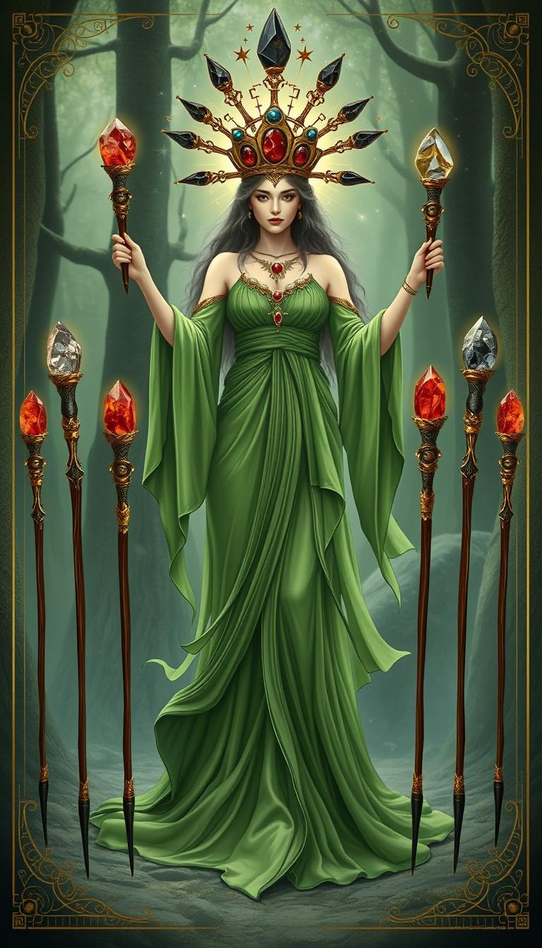 The Goddess of Wands stands gracefully in a mystical setting, adorned in a flowing green dress that exudes tranquility and nature's essence