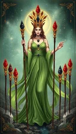 The Goddess of Wands stands gracefully in a mystical setting, adorned in a flowing green dress that exudes tranquility and nature's essence