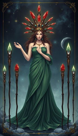 The Goddess of Wands stands gracefully in a mystical setting, adorned in a flowing green dress that exudes tranquility and nature's essence