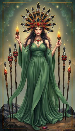 The Goddess of Wands stands gracefully in a mystical setting, adorned in a flowing green dress that exudes tranquility and nature's essence