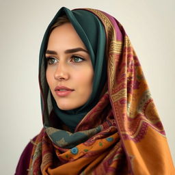 A woman wearing a beautiful hijab, with a serene expression, showcasing the fabric's intricate patterns and vibrant colors.