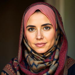 A woman wearing a beautiful hijab, with a serene expression, showcasing the fabric's intricate patterns and vibrant colors.