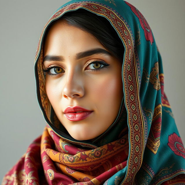 A woman wearing a beautiful hijab, with a serene expression, showcasing the fabric's intricate patterns and vibrant colors.