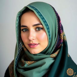 A woman wearing a beautiful hijab, with a serene expression, showcasing the fabric's intricate patterns and vibrant colors.