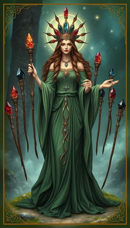 The Goddess of Wands stands gracefully in a mystical setting, adorned in a flowing green dress that exudes tranquility and nature's essence