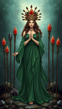 The Goddess of Wands stands gracefully in a mystical setting, adorned in a flowing green dress that exudes tranquility and nature's essence