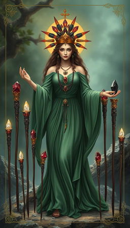 The Goddess of Wands stands gracefully in a mystical setting, adorned in a flowing green dress that exudes tranquility and nature's essence