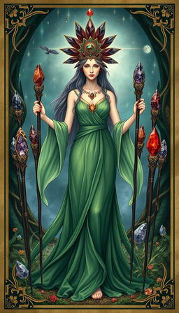 The Goddess of Wands stands gracefully in a mystical setting, adorned in a flowing green dress that exudes tranquility and nature's essence